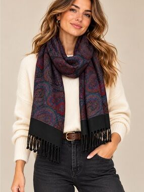Christian Dior Cashluxe Paisley Jacquard Scarf Jewel Tone Fringe Wrap 72"